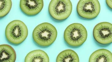 AI generated Slices of kiwi fruit and green mint leaves on a light pastel blue background. AI Generated photo