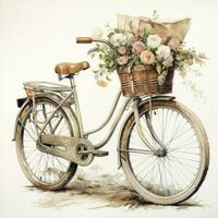 AI generated Watercolor bicycle with flowers in the basket isolated on white background.  AI Generated photo