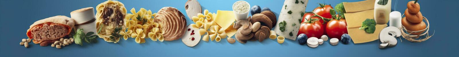 AI generated Web page banner of famous Italian food recipes on clean blue background. AI Generated photo