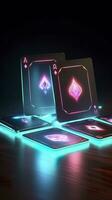 AI generated Some playing cards with glowing neon designs on a tablet. Generative AI photo