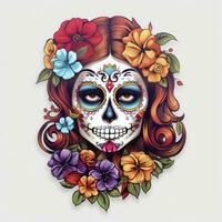 AI generated Woman sugar skull with beautiful colored flowers on white background. AI Generated photo