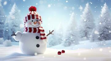 AI generated Happy snowman in the winter scenery. AI Generated photo