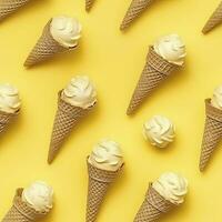 AI generated Ice Cream pattern on yellow background, top view. AI Generated photo