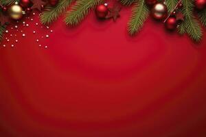 AI generated Christmas or New Year red background with fir decor. AI Generated photo