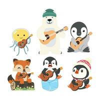 Animal holding guitar cartoon set vector