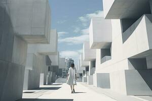 AI generated Woman walking in futuristic brutalist city street.  AI Generated. photo