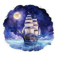 AI generated Night sea ship watercolor style for T-shirt design. AI Generated photo