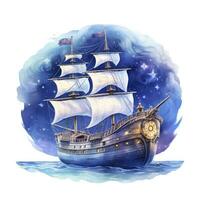 AI generated Night sea ship watercolor style for T-shirt design. AI Generated photo