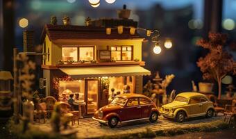 AI generated A charming and cozy coffee shop Set beside a busy highway with Warm and golden sunset light, and a Picturesque sunset view with vibrant colors. AI Generative photo