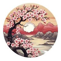 AI generated Cherry blossoms in the sunset background. Japanese tattoo style. AI Generated photo