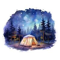 AI generated A Camping Tent in the forest with Night sky, watercolor for T-shirt Design. AI Generated photo