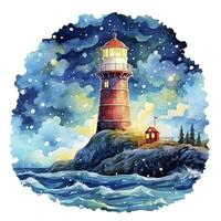 AI generated Lighthouse beside the sea at Night. watercolor for T-shirt design. AI Generated photo