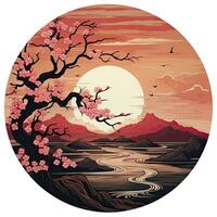 AI generated Cherry blossoms in the sunset background. Japanese tattoo style. AI Generated photo