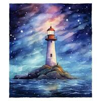 AI generated Lighthouse beside the sea at Night. watercolor for T-shirt design. AI Generated photo