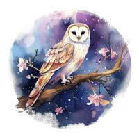 AI generated Watercolor magical owl sitting on a tree branch for T-shirt Design. AI Generated photo