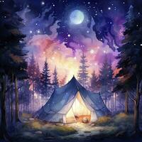 AI generated A Camping Tent in the forest with Night sky, watercolor for T-shirt Design. AI Generated photo