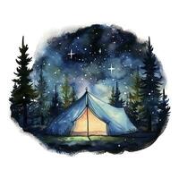 AI generated A Camping Tent in the forest with Night sky, watercolor for T-shirt Design. AI Generated photo