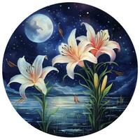 AI generated Watercolor fairy lilies blooming under a starry night sky on a white background. AI Generated photo