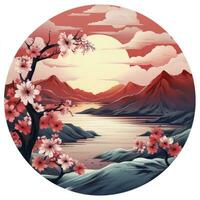 AI generated Cherry blossoms in the sunset background. Japanese tattoo style. AI Generated photo