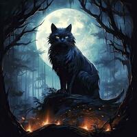 AI generated Black Cat in Moonlit Forest. Watercolor for T-shirt design. AI Generated photo