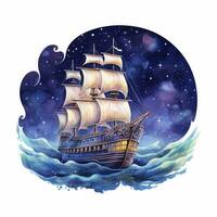 AI generated Night sea ship watercolor style for T-shirt design. AI Generated photo