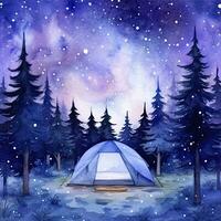 AI generated A Camping Tent in the forest with Night sky, watercolor for T-shirt Design. AI Generated photo