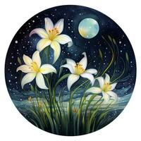 AI generated Watercolor fairy lilies blooming under a starry night sky on a white background. AI Generated photo