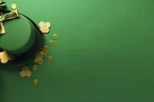 AI generated St Patrick's Day concept. leprechaun headwear gift boxes pot with gold coins. AI Generated photo