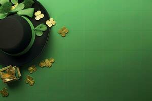 AI generated St Patrick's Day concept. leprechaun headwear gift boxes pot with gold coins. AI Generated photo