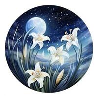 AI generated Watercolor fairy lilies blooming under a starry night sky on a white background. AI Generated photo