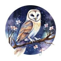 AI generated Watercolor magical owl sitting on a tree branch for T-shirt Design. AI Generated photo