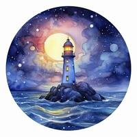 AI generated Lighthouse beside the sea at Night. watercolor for T-shirt design. AI Generated photo