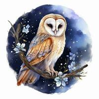 AI generated Watercolor magical owl sitting on a tree branch for T-shirt Design. AI Generated photo