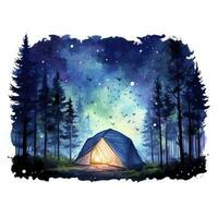 AI generated A Camping Tent in the forest with Night sky, watercolor for T-shirt Design. AI Generated photo