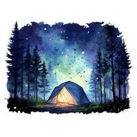 AI generated A Camping Tent in the forest with Night sky, watercolor for T-shirt Design. AI Generated photo