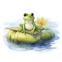 AI generated Frog Floating on a Lily Pad Raft, watercolor for T-shirt Design. AI Generated photo