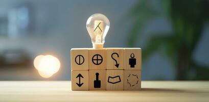 AI generated Creative idea, solution and innovation concept. Idea generation for business development. Wooden cube blocks with light bulb and cycle icons on clean background photo