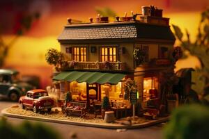 AI generated A charming and cozy coffee shop Set beside a busy highway with Warm and golden sunset light, and a Picturesque sunset view with vibrant colors. AI Generative photo