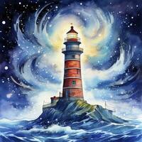 AI generated Lighthouse beside the sea at Night. watercolor for T-shirt design. AI Generated photo