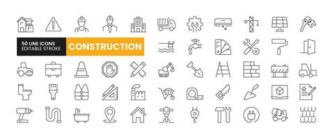 Set of 50 Construction line icons set. Construction outline icons with editable stroke collection. Includes Engineer, Labour, Shovel, Villa, Drill Machine and More. vector