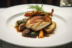 AI generated Plated chicken roast dinner on a white plate with carrot and morel mushroom. AI Generated. photo