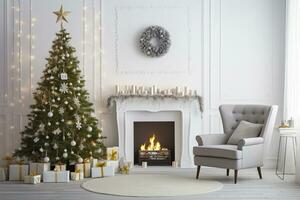 AI generated Modern Living Room With Fireplace, Christmas Tree, Gift Boxes And Armchair. AI Generated photo