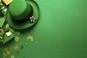 AI generated St Patrick's Day concept. leprechaun headwear gift boxes pot with gold coins. AI Generated photo