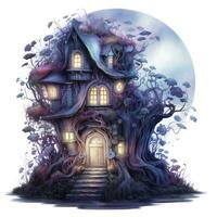 AI generated Moonlight dark themed night elf fairytale fantasy fairy house. AI Generated photo