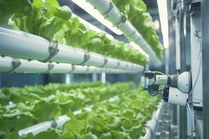 AI generated Automatic Agricultural Technology With Close-up View Of Robotic Arm Harvesting Lettuce In Vertical Hydroponic Plant. AI Generated photo