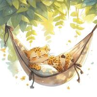 AI generated A sleepy baby leopard in a hammock. watercolor illustration. AI Generated photo