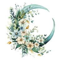 AI generated Watercolor floral Moon with greenery on a white background. AI Generated photo