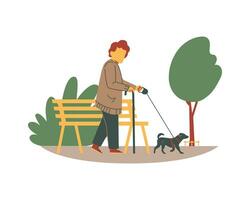 a woman walking his dog in the park. Flat style vector illustration.