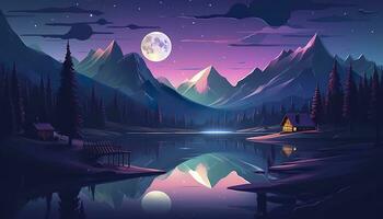 ai generado luz de la luna montaña escena, casa junto a un lago. ai generativo foto