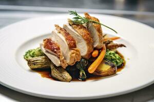 AI generated Plated chicken roast dinner on a white plate with carrot and morel mushroom. AI Generated. photo